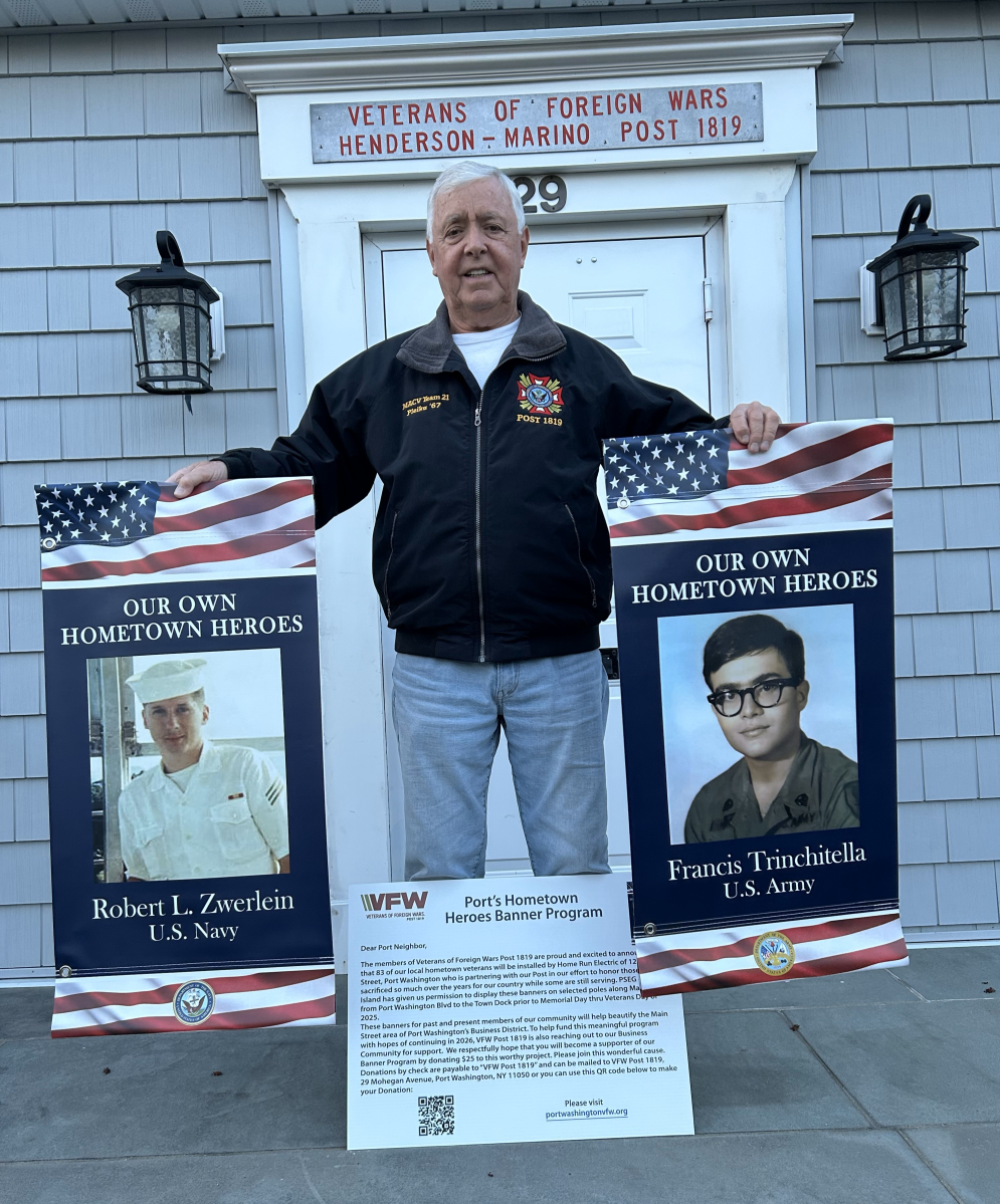Veterans of Foreign Wars member Ken Kraft worked with fellow members like Fred Blumlein to put up 82 banners honoring local veterans along Main Street in Port Washington.