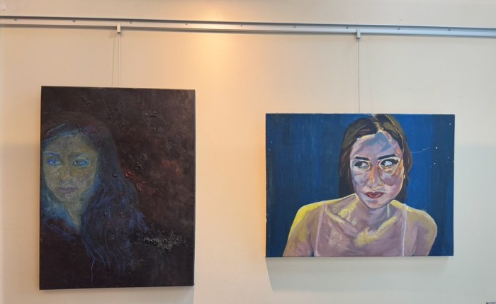 Portraits by Alyssa Szuran, including her self portait (R.) are on display at the Syosset library now