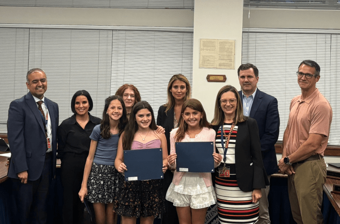 Shelter Rock Elementary School students recognized by the Manhasset Board of Education were (from L-R) Valentina Calluzzo, Sophia Landon and Abigail Pangburn.