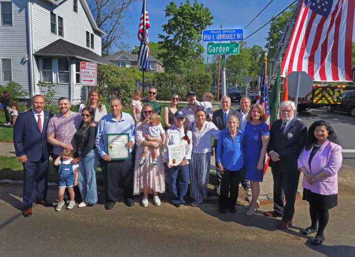 New York State, Nassau County and North Hempstead officials gathered with the Abbondandelo Family at the honorary street renaming for PO Brian Abbondandelo in Roslyn Heights.