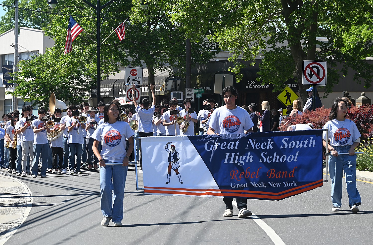The Great Neck South High School marching band marches in the parade.