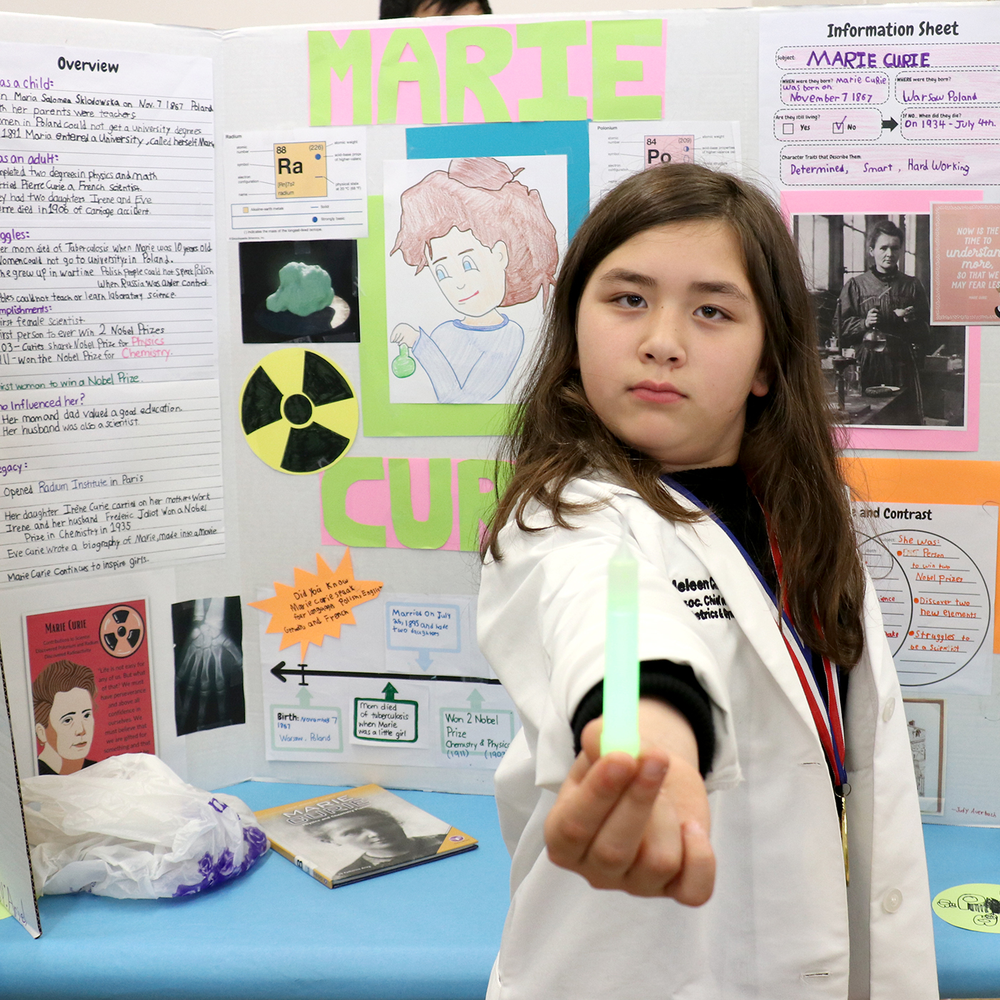 A student dressed as Marie Curie shares the history of the famed scientist's groundbreaking research on radioactivity.