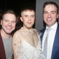 Co-producers Tommy Doyle (R.) and Tyler Mount (L.) attend the premiere of "Oh Mary!" with writer and performer Cole Escola (C.).