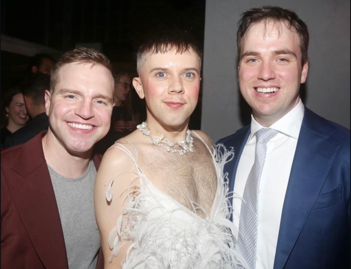 Co-producers Tommy Doyle (R.) and Tyler Mount (L.) attend the premiere of "Oh Mary!" with writer and performer Cole Escola (C.).