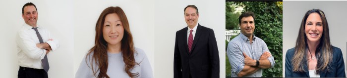 David Ginsburg, Inna Choi, Jack Ostrick, Tom Rotolo and Lynn Abramson (L. to R.) are the five candidates on the ballot for the Syosset school board this May.