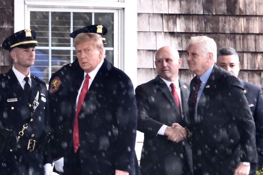 President Donald trump endorsed Nassau County Executive Bruce Blakeman's reelection campaign, both of whom are pictured at the wake for fallen NYPD officer Jonathan Diller last year.