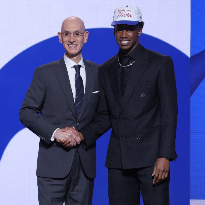 VJ Edgecombe stands with NBA commissioner Adam Silver after being selected as the third pick by the Philadelphia 76ers in the first round of the 2025 NBA Draft at Barclays Center.