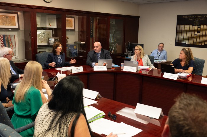 Gov. Kathy Hochul attends the Hicksville School District Policy Committee meeting.