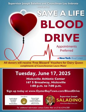 Town of Oyster Bay to host blood drive in Hicksville.
