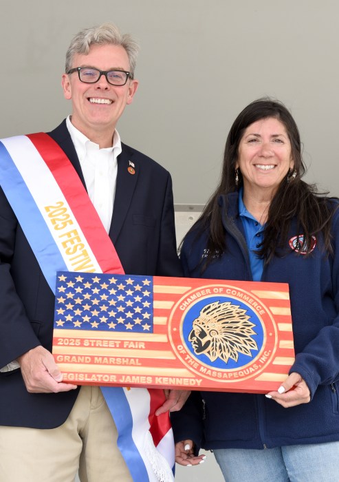 Nassau County Legislator James Kennedy (L.) and Massapequa Chamber of Commerce President Robin Hepworth (R.)
