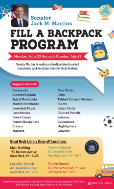 Individuals can come to any of the Great Neck Library locations to donate new school supplies such as backpacks, stationery, lunchboxes, calculators and more.