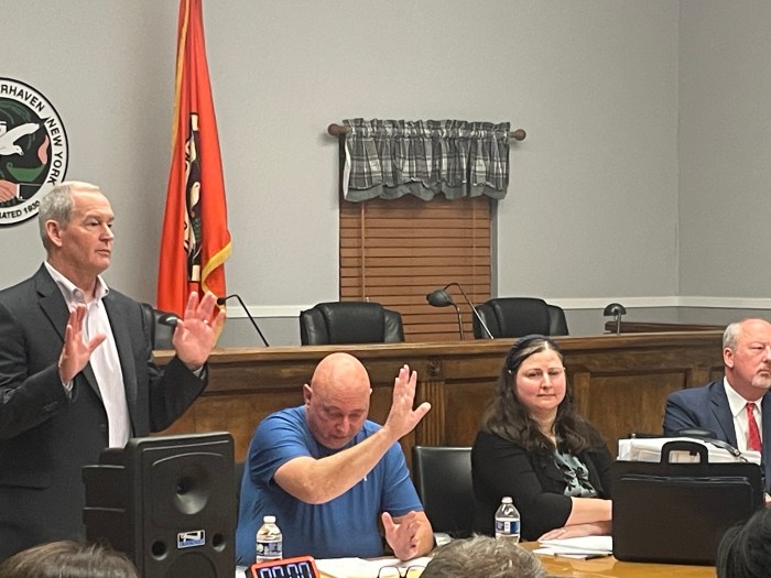 Manorhaven public forum panel. From left to right: John Hommel, Michael Masiello, Rebecca Goldberg and Christopher Neumann.