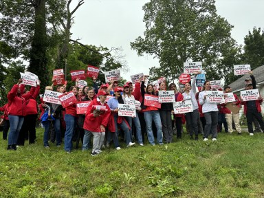 Nurses picket outside of Huntington Hospital to demand fair contracts and safer staffing practices from its parent company, Northwell Health.