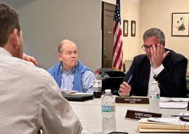 Plandome Mayor Jake Kurkjian discusses the Plandome Fire Department's capital plan with department chiefs.