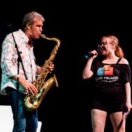 Mark Rivera performs with a Long Island High School of the Arts student during his visit on Wednesday, June 4.