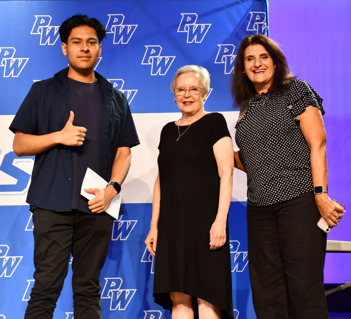 Matthew Calderon was presented with a scholarship by the PWCC. From left to right: Matthew Calderon, Rona Moyer, and Ann Mergler.