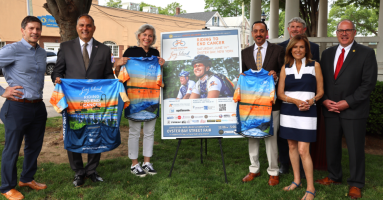 Steve Mars. Joseph Saladino, Stacey Sager, Dr. Ashish Sangal, Terry Bourgeois, Carol Silva and Rich LaMarca (L. to R.) announce the town's partnership with Empire State Ride.