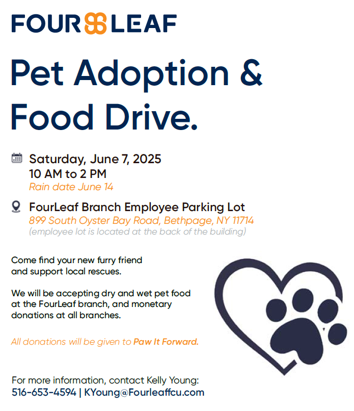 The annual pet adoption and food drive by FourLeaf Federal Credit Union is on Saturday, June 7.