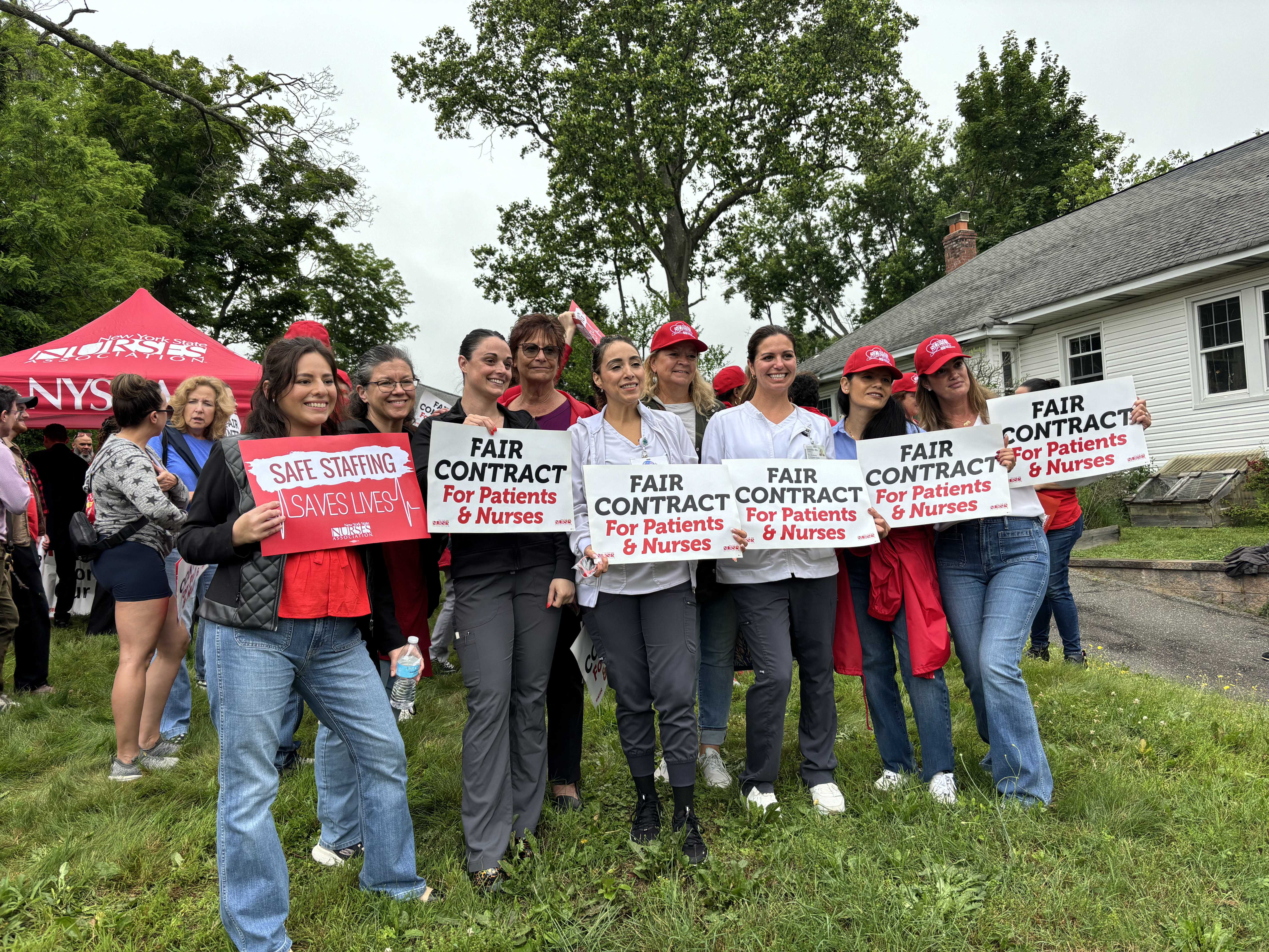 Nurses picket outside of Huntington Hospital to demand fair contracts and safer staffing practices from its parent company, Northwell Health.