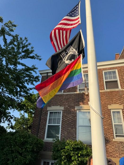 The Pride flag flies over the North Hempstead Town Hall in Manhasset.
