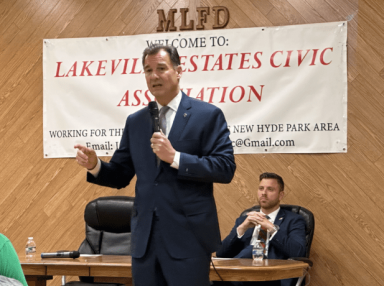 The Lakeville Estates Civic Association hosts candidates at many of its meetings, such as in 2024 when they hosted congressional candidates Rep. Tom Suozzi and challenger Mike LiPetri.