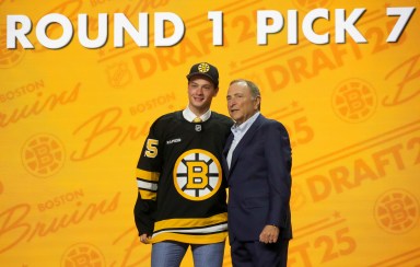James Hagens is selected as the seventh overall pick to the Boston Bruins in the first round of the 2025 NHL Draft at Peacock Theater.