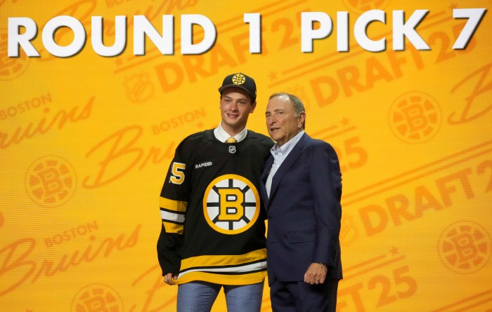 James Hagens is selected as the seventh overall pick to the Boston Bruins in the first round of the 2025 NHL Draft at Peacock Theater.