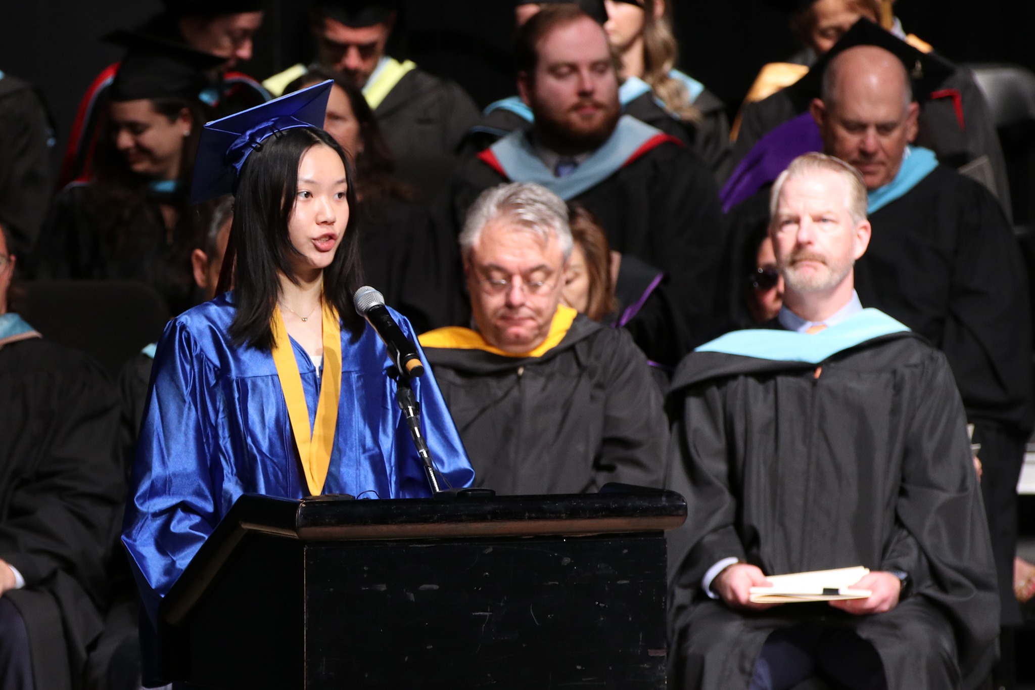 South High School salutatorian Laura Zhang speaks during the commencement.