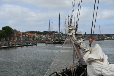 Sailing into Terschelling on our ship, Leafde fan Fryslân, on Day 4 of our Boat Bike Tours’ Islandhopping Netherlands bike tour © Karen Rubin/goingplacesfarandnear.com