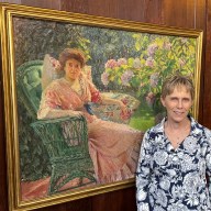 Janice Wiley, director of the Church Catalogue Raisonne, celebrates the exhibition's opening at the North Shore Historical Museum.