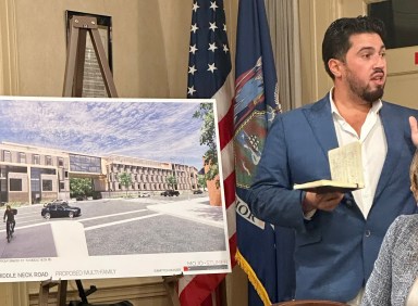 Designer Mason Sofia presents to the Great Neck Estates Board of Trustees the changes made to the proposal at 200 Middle Neck Road.
