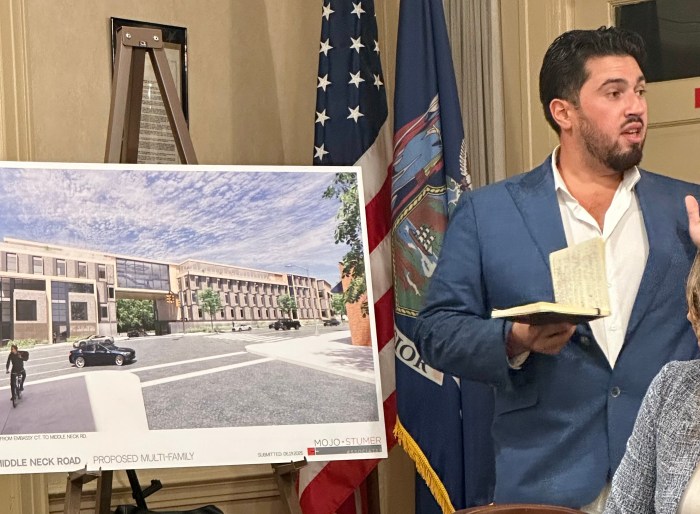 Designer Mason Sofia presents to the Great Neck Estates Board of Trustees the changes made to the proposal at 200 Middle Neck Road.