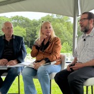 Former U.S. Rep. Steve Israel, Manda Kalimian and Chad Hanson (L. to R.) discuss Hanson's book, “Wild Horse Effect.”