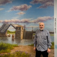 Bayville Arts Council Chair Philip Pecorino stands in front of a mural of the Bayville Bridge by Michelle Mott.
