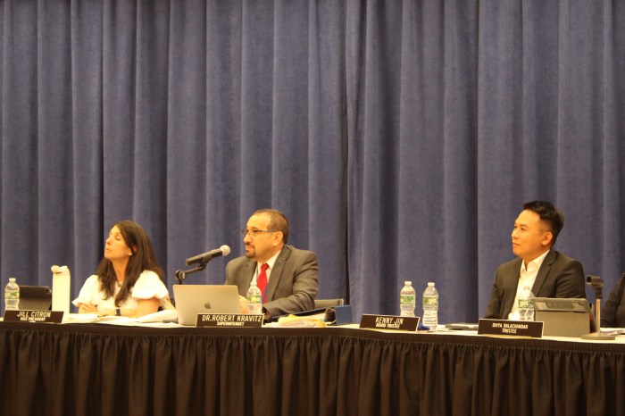 Jill Citron (L.), new Superintendent Robert Kravitz (M.) and new Trustee Kenny Jin (R.) at the July Jericho Board of Education meeting.