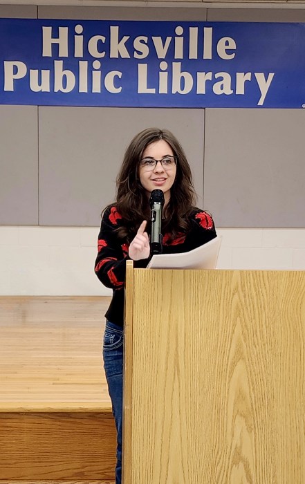 Noelle Cunneely, a Hicksville resident, is a regular at the library's Open Mic.