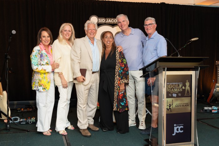 L-R: Debbi Buslik, Jodi Rosenthal, David Black, Nancy Waldbaum, David Levy and Michael Rosenbaum at the 40th Annual Golf & Games Outing honoring David Black.