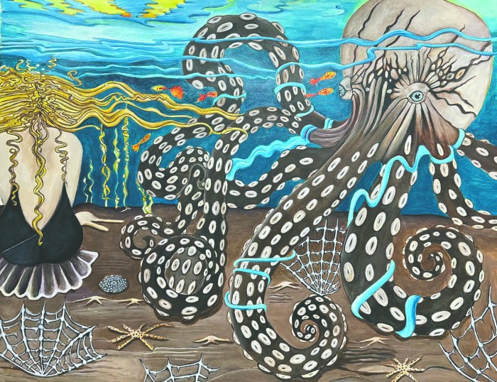 Swersey mainly paints with acrylic on paper.