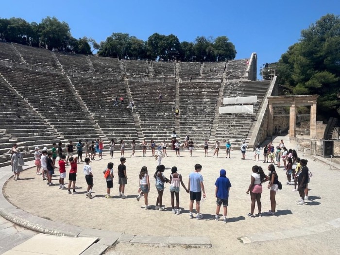 Buckley students test the acoustics and learn about the history of the Epidaurus Theater.