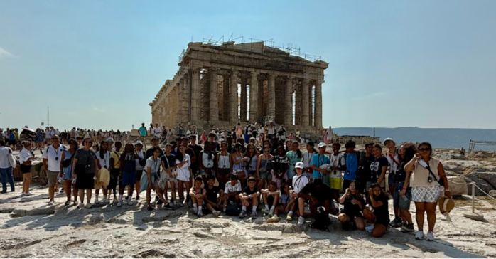 The Buckley travelers pause for a photo at the Acropolis on their final day in Greece.