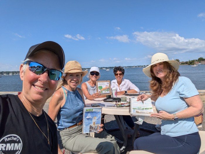 Members of Suburban Sketchers, a free art gathering, meet outdoors weekly to draw and share their artwork, exploring local Long Island landscapes together.