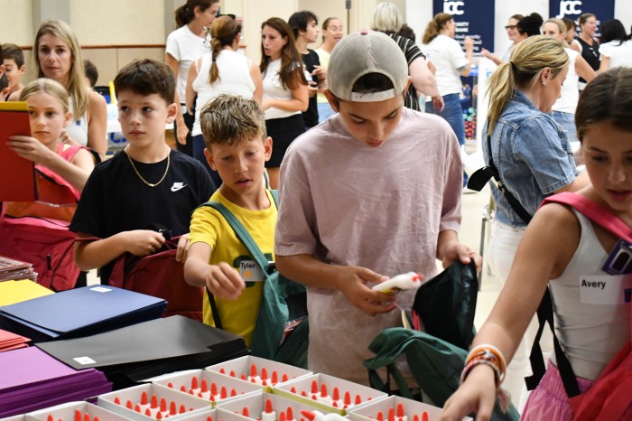 Volunteers gathered at the Sid Jacobson JCC to pack backpacks for undeserved children.