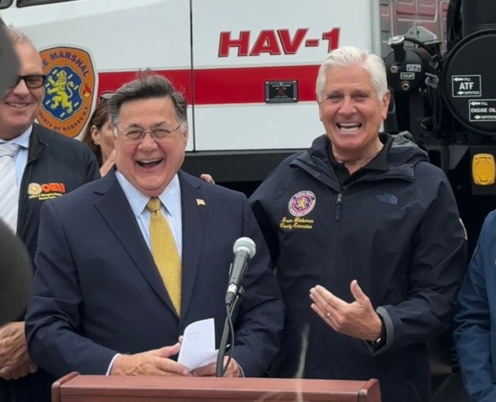 Suffolk County Executive Ed Romaine (L.) and Nassau County Executive Bruce Blakeman (R.) discussed emergency preparedness in Farmingdale.