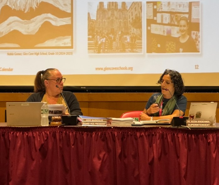 Glen Cove Board of Education Vice President Anne Markoulis (L.) and Superintendent Alexa Doeschner (R.) discuss the board's public comment policy.