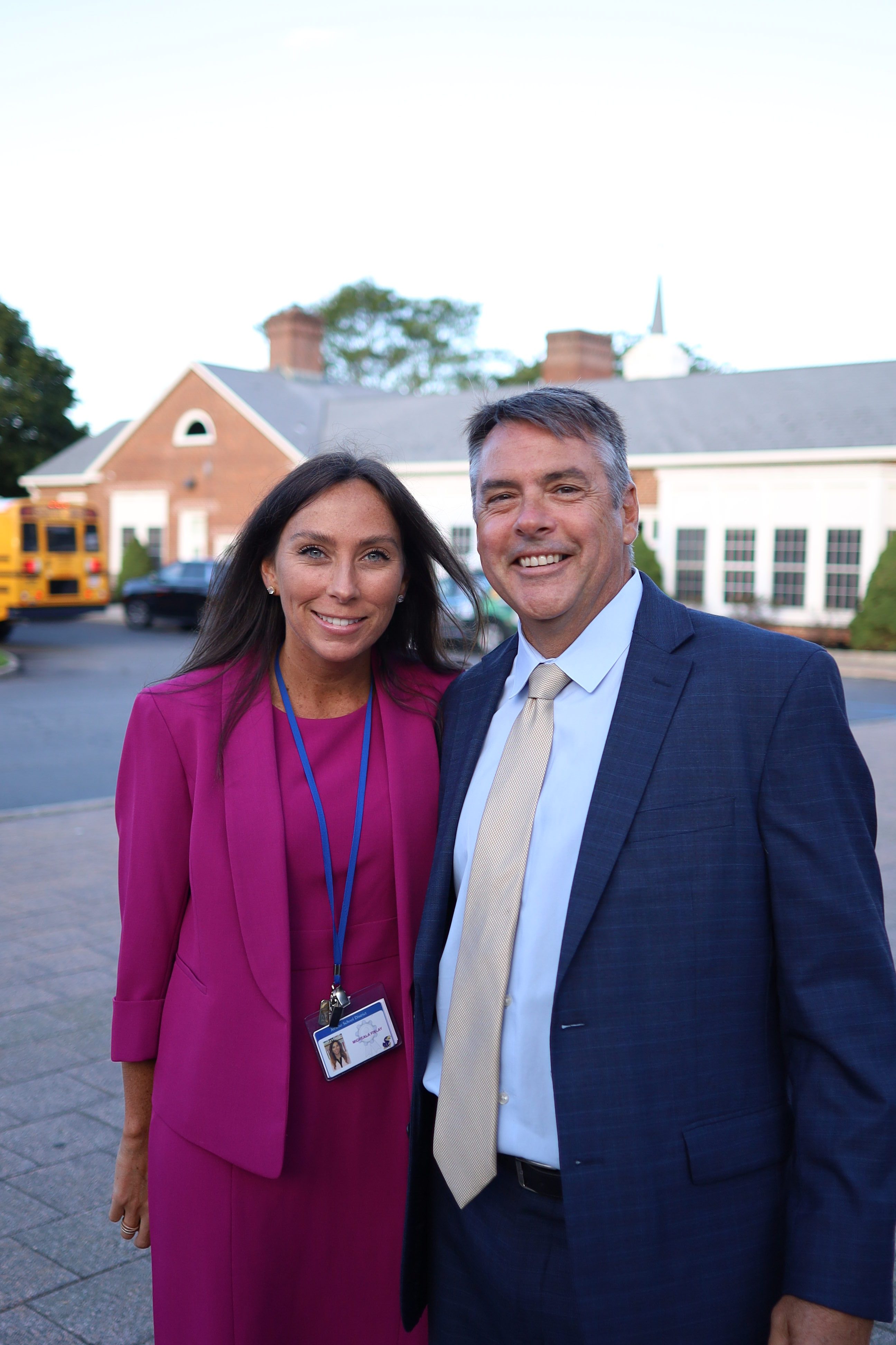 Co-Principal Brian Cummings and Assistant principal Micheala Finlay welcome students back to the classroom.