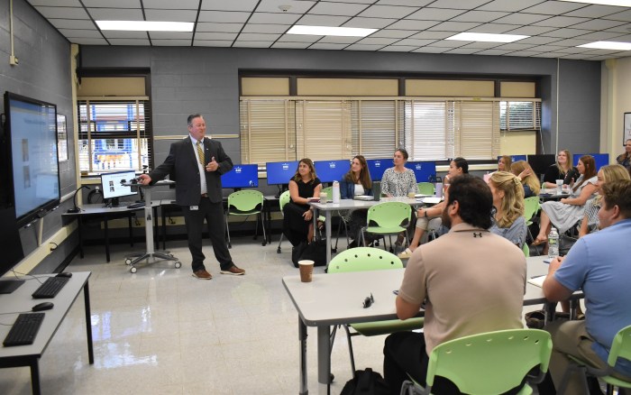 Superintendent William Brennan greeted the district’s newest facultymembers in the teacher learning center.