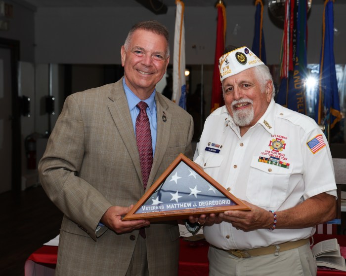 State Sen. Steve Rhoads inducted Levittown veteran Matthew DeGregorio into the Veterans Hall of Fame.