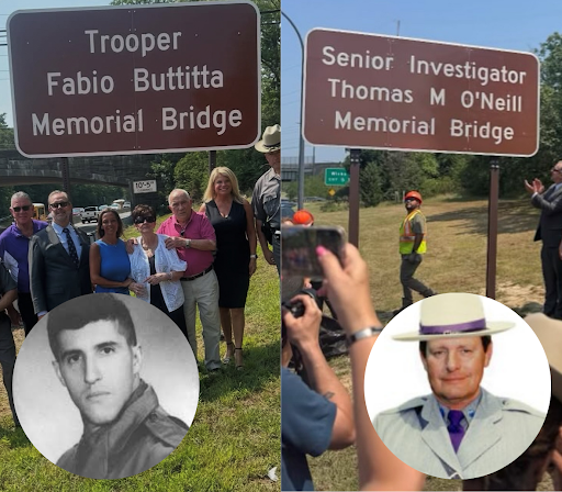 Two newly unveiled bridge signs honor fallen troopers Fabio Buttitta and Thomas M. O’Neill, pictured at the dedication ceremony with lawmakers and community members.