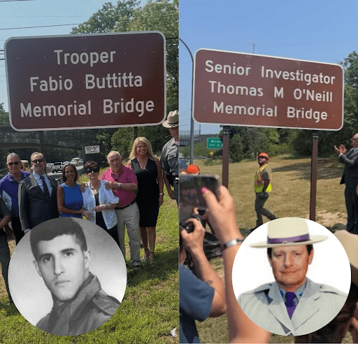 Two newly unveiled bridge signs honor fallen troopers Fabio Buttitta and Thomas M. O’Neill, pictured at the dedication ceremony with lawmakers and community members.