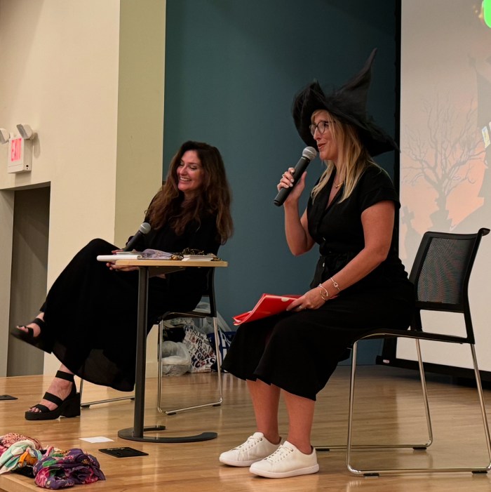 Tarot readers and authors Sasha Graham and Holly Buczek (L. to R.) lead a intuition workshop at the Syosset Library.